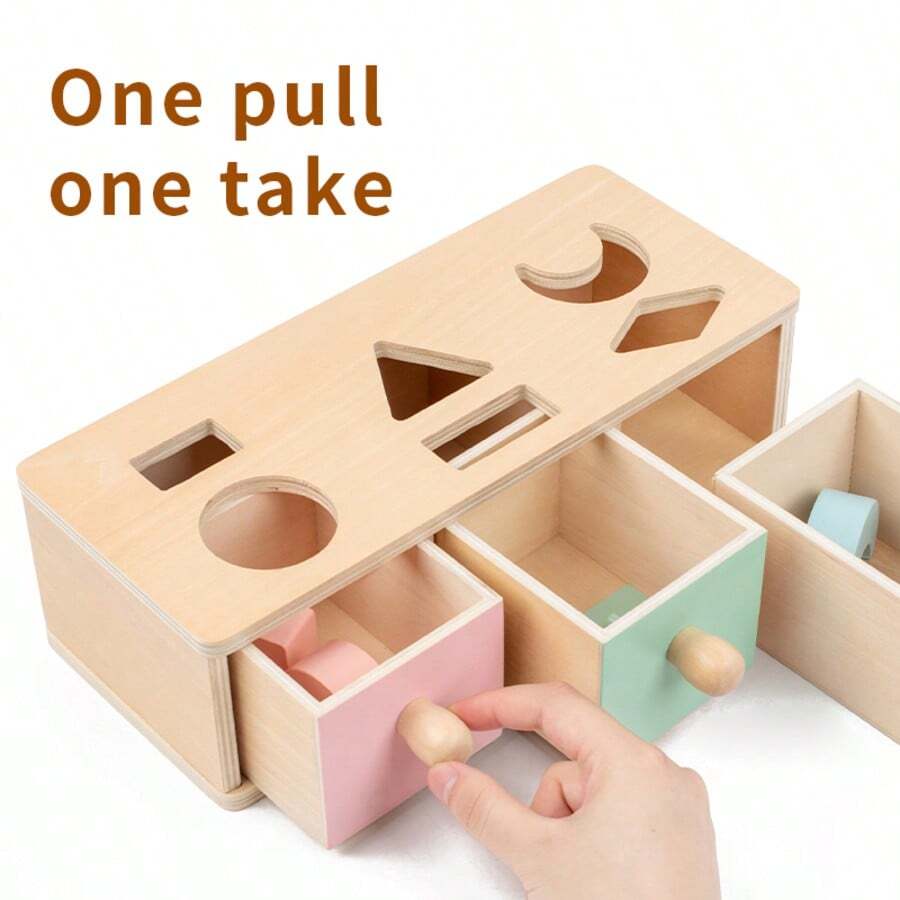 Kotak Pencocokan Bentuk 3 Laci Montessori, Kotak Tarik Keluar dengan Sisipan Bentuk Geometris Kayu, Mainan Puzzle Sensorik Edukasi Dini Bayi