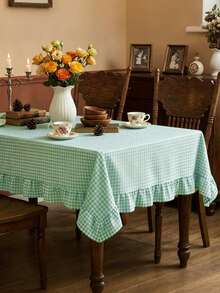 1PC French Vintage Plaid Tablecloth, Farmhouse Retro Style With Scalloped Edge, Skin-Friendly, Washable And Reusable, Suitable For Home Kitchen, Dinner, Outdoor Activities, Living Room, Dining Room, Party, Gathering, Daily Home Decor - Green - View 6