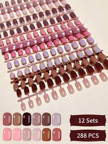 288pcs (12 Colors) Rectangular Solid Color Press-On Nail Tips, Brown Nails, Light Brown Nails, Khaki Nails, Camel Nails, Perfect Fit Short Acrylic False Nails Set, Suitable For Women And Girls For Daily Work, Holiday Parties And Other Occasions - Multicolor - View 1