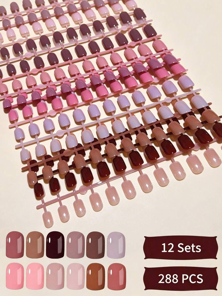 288pcs (12 Colors) Rectangular Solid Color Press-On Nail Tips, Brown Nails, Light Brown Nails, Khaki Nails, Camel Nails, Perfect Fit Short Acrylic False Nails Set, Suitable For Women And Girls For Daily Work, Holiday Parties And Other Occasions - Multicolor - View 1