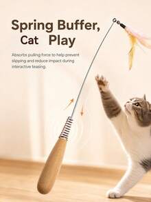 7Alas 3pcs Interactive Cat Teaser Wand Set With Detachable Bell & Feather Replacement Heads, 50cm Spring-Cushioned Wooden Handle, Indoor Hunting Exercise Cat Toy For Kittens - View 3