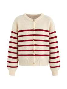 Women's Round Neck Ribbed Stripes Long Sleeves Cardigan Style Office Daily Commuting Wear Seasonal Fashion Casual Outings Knitted Sweater, Fall Winter - Multicolor - View 6