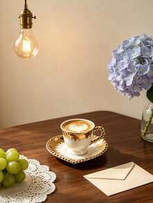 6pcs/1pc 90ml Heart-Shaped Ceramic Coffee Cup & Saucer Set, Microwave & Dishwasher , Espresso & Arabic Coffee Cup, Saudi National Day Gift, Suitable For Afternoon Tea, Cafe, Kitchen - Multicolor - View 3