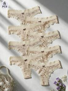 8PCS Floral Panties, Cotton Small Floral Thong, French Countryside Gentle Style, Everyday Girl Commute, Mix And Match Multiple Colors - Multicolor - View 8