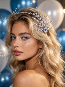 1pc Vintage Sapphire Snowflake Headband, Elegant Cold-Tone Bridal Wedding Hair Accessory - Silver - View 1