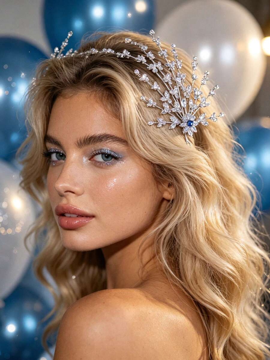 1pc Vintage Sapphire Snowflake Headband, Elegant Cold-Tone Bridal Wedding Hair Accessory - Silver - View 1