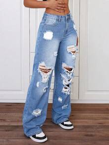 Teen Girls' Fashionable Wide Leg Washed Distressed Denim Jeans - Light Wash - View 4