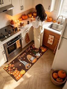 1/2pcs Autumn Thanksgiving Pumpkin Gnome Kitchen Decor Rug, Autumn Kitchen Rug And Mat, Non-Slip Washable Absorbent Kitchen Accessories Decor Mat, Thanksgiving Holiday Gift! - Multicolor - View 3