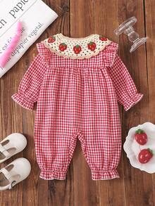 Baby Girl Autumn/Winter Red Plaid Long Sleeve Romper With Strawberry Crochet Collar, Cute - Red - View 3