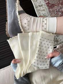 5 Pairs Spring/Summer New Solid Color, Vertical Striped, Polka Dot, Floral Lace Trim Versatile Mid-Calf Socks - White - View 1