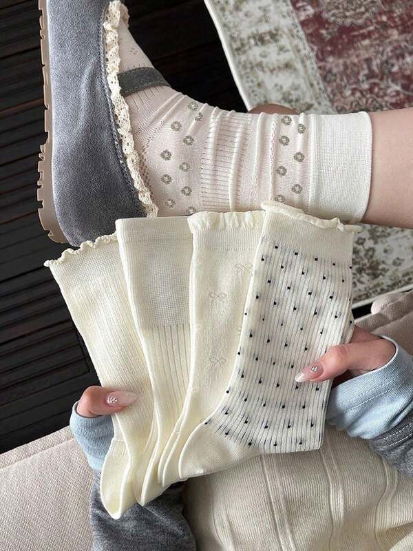 5 Pairs Spring/Summer New Solid Color, Vertical Striped, Polka Dot, Floral Lace Trim Versatile Mid-Calf Socks