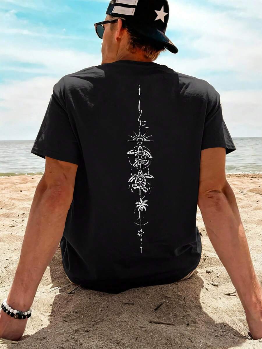 New Men's Short-Sleeve Crew Neck T-Shirt In Pure Cotton, Featuring Sun, Sea Turtle, And Palm Tree Patterns, Suitable For Vacation And Casual - Black - View 1