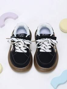 1 Pair Kids Black Fabric Patchwork Hook & Loop Lace-Up 2-Way Wear Sneakers, Suitable For Outdoor Sports And Vacation - Black - View 1