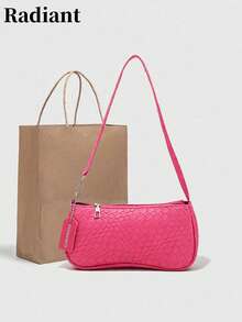 Women's Woven Texture PU Leather Zipper Small Casual Shoulder Bag, Daily Use Crossbody Bag (Gift Bag Not Included) - Pink - View 10