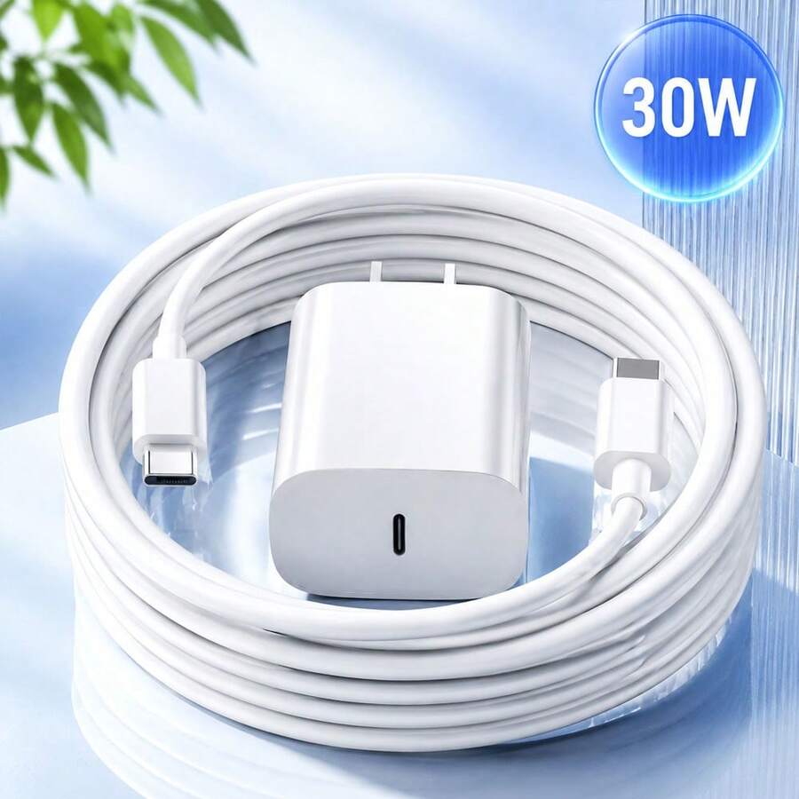 30W Fast Charger Set Compatible With IPhone 17 Pro Max/17 Pro/17/Air/16, 1pc USB C Wall Charger + 6.6Ft/200cm Type C To Type C Long Data Cable Compatible With IPhone 17 Series/ And Other Adapter Set - US A Type Plug(110-127V) - View 1