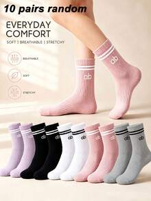 1/5/10 Pairs Women's Solid Color Letter Stripe Mid-Calf Socks, Moisture-Wicking Breathable Sports Socks, Suitable For Sports And Daily Wear, College Style Matching, Random Color - Multicolor - View 8