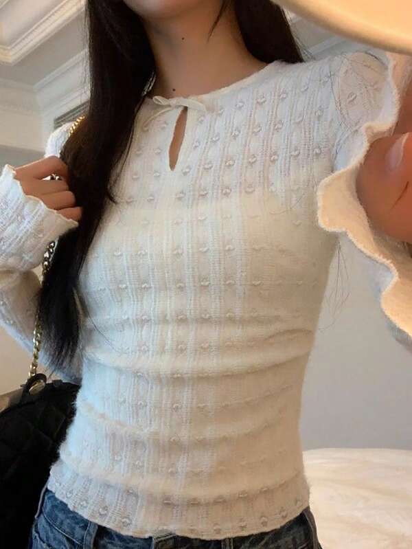 JoWins New Lace Textured Polka Dot Jacquard Long Sleeve Round Neck Slim Fit Flattering Women's Top For Party, Date, Daily Wear And Commute