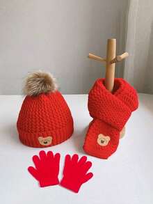 Autumn/Winter Children's Hat Set - Warm Plush Knitted Bear Design Hat, Suitable For 1-3 Years Old Boys And Girls - Multicolor - View 7