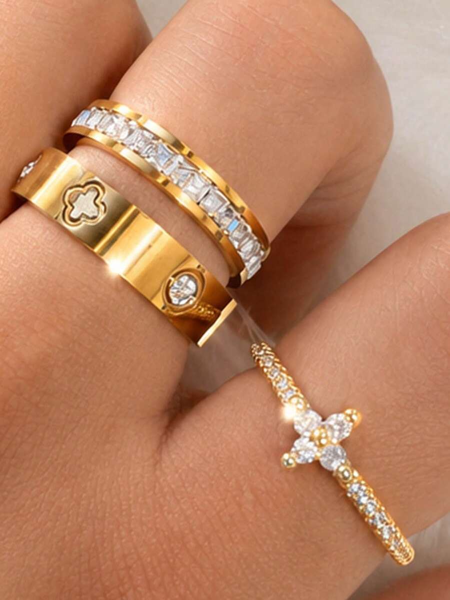 ZCNC Znice 2026 新款 304 不鏽鋼 18K 金鍍層可疊戴戒指組，女款，3 件套三葉草與滿鑽個性化戒指，低過敏極簡主義珠寶，完美母親節禮物，夏季度假配件