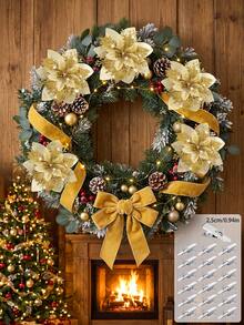 1/10/20/30pcs Shiny Red Christmas Tree Hanging Ornaments With Clips, DIY Christmas Wreath Party Decoration Flowers, Home Decor, Party & Holiday Decoration Flowers, Gift Box Decoration (Gold) - Gold - View 9