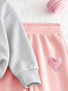 2pcs/Set Girls Pink Heart Print Half-Zip Hoodie & Pants Set, Autumn/Winter Fashion Comfortable Outfit - Multicolor - View 6