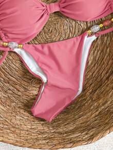 Bikinx Women's Halter Neck Back Tie Bikini Set, Bohemian Style Color Block Beaded Shoulder Straps, Suitable For Beach Vacation Summer - Watermelon Pink - View 5