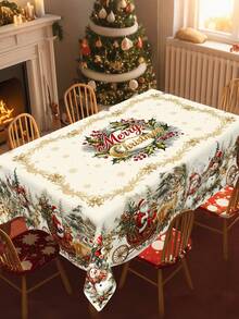 1pc Merry Christmas Tablecloth, Reindeer Santa Pattern Table Cover, Rectangular/Round Polyester Tablecloth For Home Kitchen Dining Room Table Decor, Winter Holiday Merry Christmas Party Supplies, Christmas Decoration For Home 2026 - Multicolor - View 3