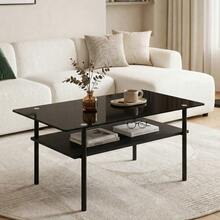 Modern Coffee Table With Black Glass Top, Living Room Table With MDF Shelf And Metal Frame, Rectangular Sofa Table With 2-Tier Storage, Black-H45/W98/D58 Cm - 黑色 - 查看 2