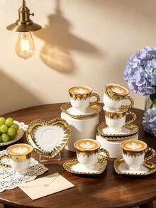 6pcs/1pc 90ml Heart-Shaped Ceramic Coffee Cup & Saucer Set, Microwave & Dishwasher , Espresso & Arabic Coffee Cup, Saudi National Day Gift, Suitable For Afternoon Tea, Cafe, Kitchen - Multicolor - View 4