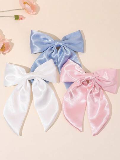 3pcs Satin Bow Hair Clips,Class Plain Alligator Clips, Elegant Long Tail Ribbon Barrettes, Sweet Solid Color Hairpins, Girls/Kids Hair Accessories