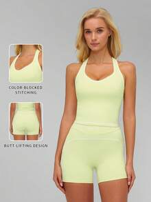 MFVIM Women's Colorblock Yoga Set With Double Shoulder Straps, Premium Sports Fitness Outfit For Running And Workout - Limelight Green - View 4