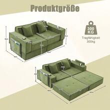 Sofá cama doble moderno con un cómodo sofá de tela de dos plazas y dos cojines. Un elegante reposapiés decorativo con espacio de almacenamiento lateral y portavasos, ideal para rincones de lectura, salas de juegos, etc. - Verde - Ver 4