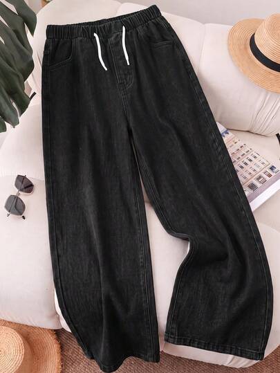 1 buah Celana Jeans Denim Hitam Model Lurus untuk Anak Perempuan, Gaya Kasual Streetwear, Tahan Lama, Minimalis, Membuat Kaki Terlihat Lebih Panjang, Serbaguna, Cocok untuk Pakaian Sehari-hari