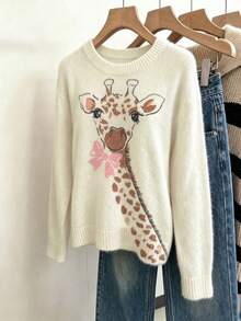 Women's Cute Giraffe Print Ribbed Knit Pullover Sweater, Long Sleeve, Regular Fit, Medium Stretch, Ideal For Autumn/Winter Fall - Apricot - View 6