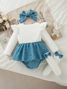 Autumn/Winter Baby Girl Cute Blue Floral Bow Flutter Sleeve Bodysuit & Bodysuit & Floral Headband & Bow Socks Full Moon/100 Days Photo Shoot & Outdoor Outfit Set - Blue - View 3