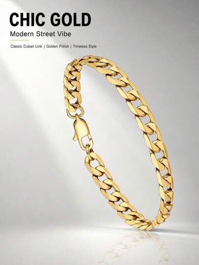 1pc Stainless Steel Chain Men's Gold Bracelet, Fashion Jewelry For Daily Wear