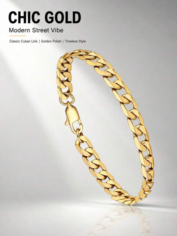 1pc Stainless Steel Chain Men's Gold Bracelet, Fashion Jewelry For Daily Wear
