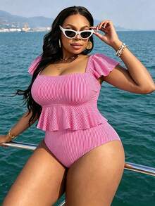 Women's Plus Size Pink & White Vertical Striped Textured Square Neck Ruffle Flutter Sleeve Tankini, High Waist 2 Pieces Swimsuit, Suitable For Beach, Vacation, Party Season - Pink - View 2