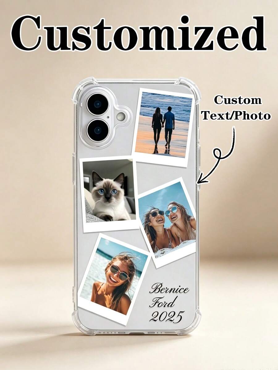 1pc Personalized Customized 4-Photo Text Name Minimalist Transparent Shockproof Phone Case Suitable For IPhone11/12/13/14/15/16/16pro/16plus/16promax/17/17pro/17promax/Air/ 9A/10/10A/10PRO/10PROXL/11/11PRO/11PROXL/S24/S25ultra/S25plus/S25edge/S25FE/A07/A17/S26/S26plus/S26ultraMotorola G85/ Hot 50 Pro+ And Other Models Suitable For Gifts To Friends - Clear - View 1