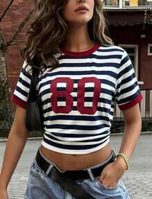 SUNSTORY Women's Vintage Digital Print Contrast Color Ribbed Short Sleeve T-Shirt, Y2K Striped Slim Fit Cropped Top, Casual Streetwear Style, Suitable For Home, Outdoor, Travel And Vacation - Blue and White - View 6