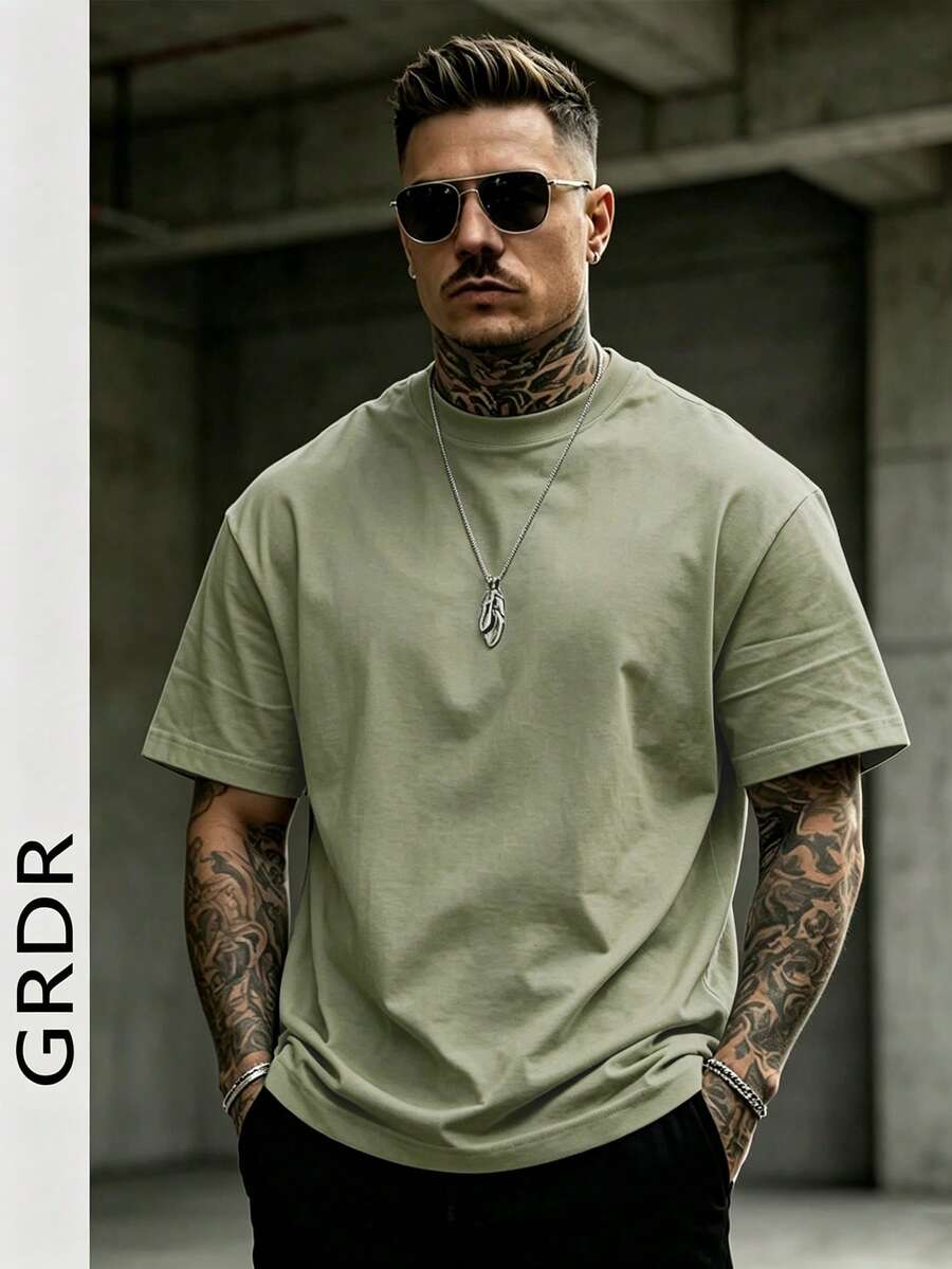 GRDR Men's Fashionable Minimalist Solid Color Crew Neck Short Sleeve T-Shirt, Suitable For Casual Daily Wear