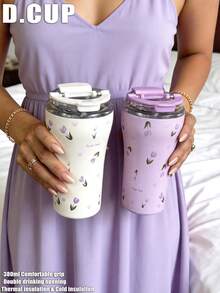 1pc 380ml Purple Mist Tulip Pattern Double-Wall Stainless Steel Insulated Cup, Direct Drinking Mouth, Water Cup, Coffee Cup, Tea Cup, Suitable For Home, Party, School, Outdoor, Travel And Other Occasions, Valentine's Day Gift, Mother's Day Gift, Back To School, Graduation Season, Birthday Gift - Multicolor - View 1