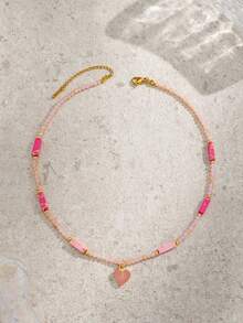 1pc Women's Luxury Heart Pendant Necklace With Stone, Crystal, Glass And Stainless Steel, Suitable For Summer Vacation Wear - Pink - View 1
