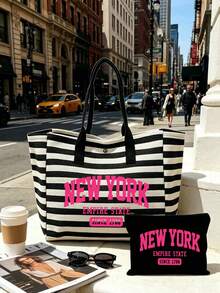 帆布包套裝，附洋紅色「New York」圖案，大容量黑白條紋沙灘托特包，可折疊帆布單肩包，防水防沙旅行包，適合夏季必需品，完美適用於沙灘旅行、游泳、購物和日常使用，適合女性、旅行者和沙灘愛好者，完美適用於春假、復活節、度假和禮物，耐用編織材質，可用作沙灘包、購物袋和旅行伴侶，返校季 - 彩色 - 查看 14