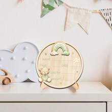 1pc Wooden Birth Announcement Sign With Base, Bear & Rainbow Round Newborn Baby Information Board, Baby Photo Prop, Nursery Decor, Baby Shower Gift - 1PC - View 5