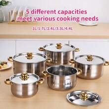 5Pcs Stainless Steel Soup Pot Set With Lids, Double Handle Cookware, 1L/1.7L/2.4L/3.3L/4.4L, Compatible With Induction & Gas Cooktop - Gold - View 1