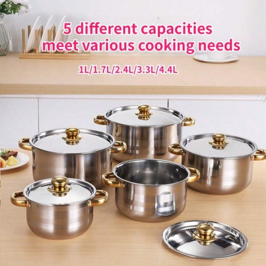 5Pcs Stainless Steel Soup Pot Set With Lids, Double Handle Cookware, 1L/1.7L/2.4L/3.3L/4.4L, Compatible With Induction & Gas Cooktop - Gold - View 1