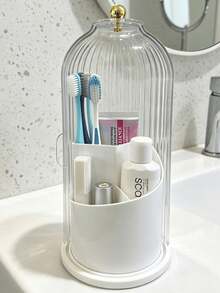 Covered Makeup Brush Storage Rack, 360° Rotating Dust-Proof ABS Storage Box, 3-Compartment Sliding Lid Toothbrush Holder With Non-Slip Base, Multi-Purpose Space-Saving Storage Box, Suitable For Makeup Brushes, Toothpaste, Ideal For Vanity, Bathroom, Home, Dorm, Apartment - Multicolor - View 6