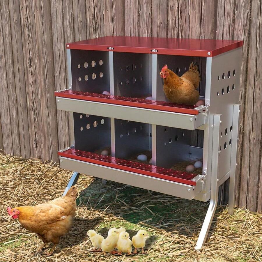 Galvanized Metal Chicken Nesting Box With 6 Roll Out Compartments, Perch Rod, Egg Tray & Training Eggs, Rustproof With Legs, Outdoor Poultry Laying Box For Farm Coop - Red - View 1