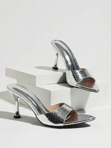 Women's Mirror Stone Texture Silver High Heel Slide Sandals, Pointed Toe Single Strap Kitten Heel Mule Shoes, Spring Summer Versatile Commute & Casual Wear - Silver - View 6
